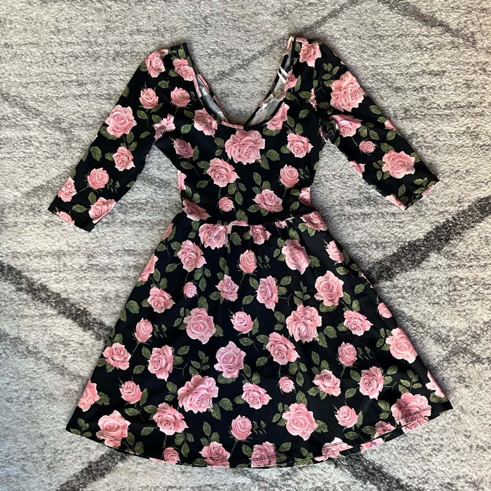 Black Skater Style Dress w/Pink Roses